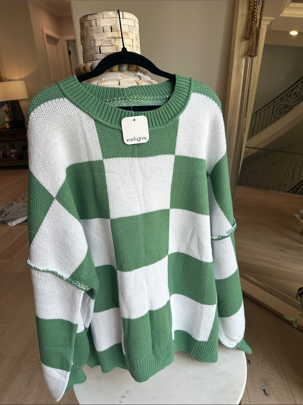 EarlGray Green & White Checker Knit Crew Sweater